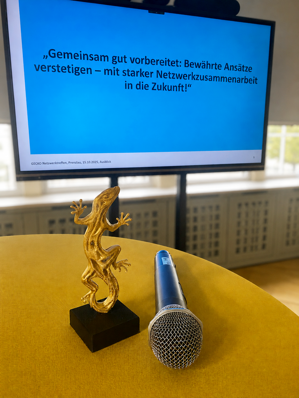 Bild vergr&ouml;&szlig;ern: Goldene Gecko-Figur und Mikrofon vor einer Pr�sentationsfolie zum Ausblick des GECKO-Netzwerktreffens